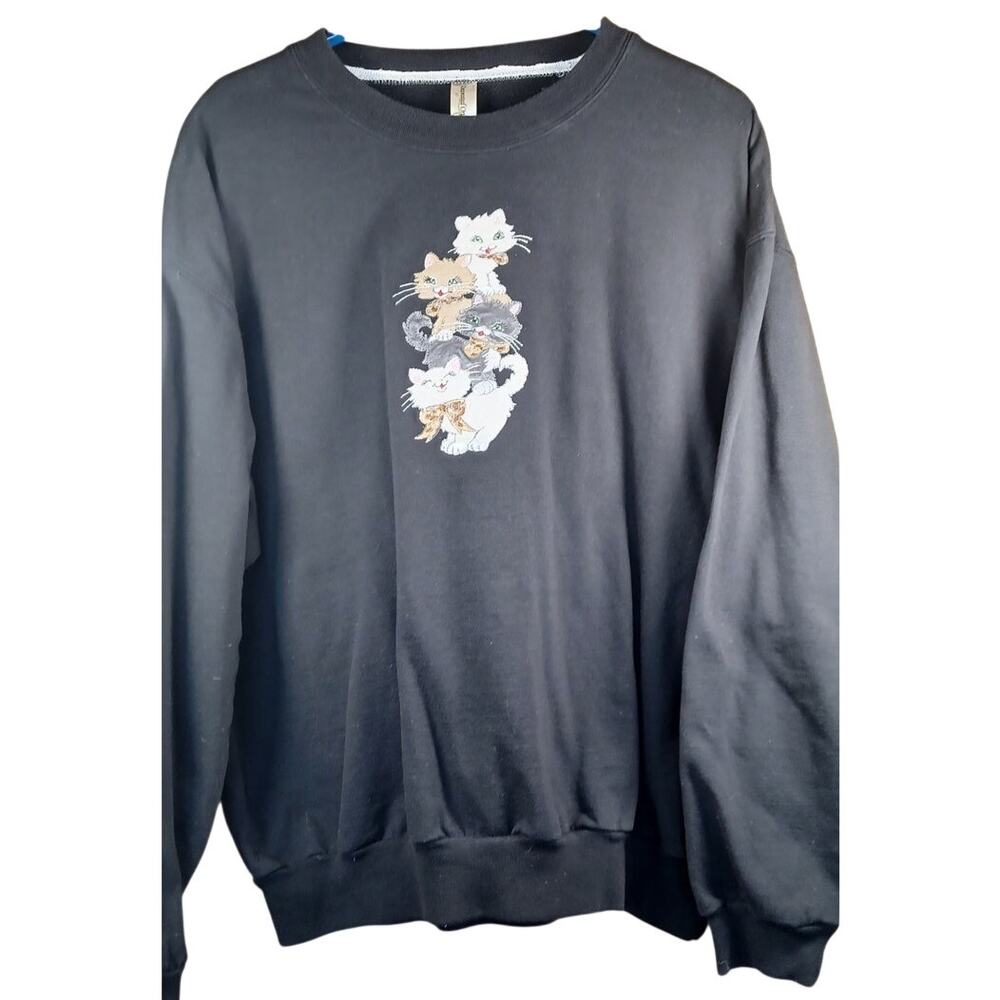 Vintage 90s Grannycore Cat Stack Embroidered Blac… - image 1